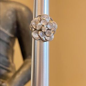 Adjustable Crystal and Silver Flower Ring- rhinestone opal center
